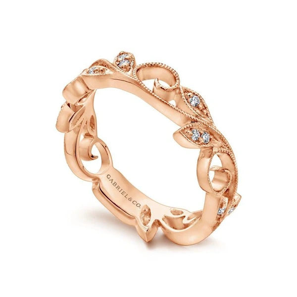 14K Rose Gold Scrolling Floral Diamond Ring