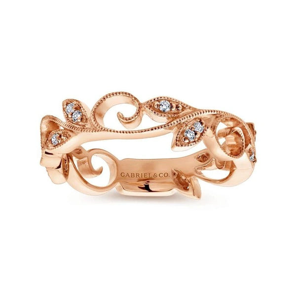 14K Rose Gold Scrolling Floral Diamond Ring