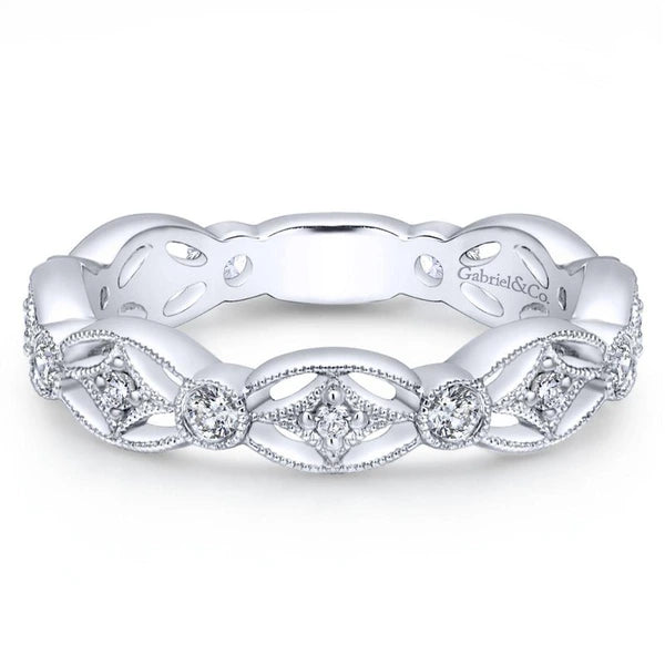 14k White Gold Intricate Cutout Diamond Stackable Ring