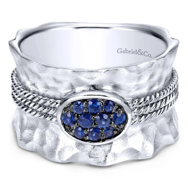 925 Sterling Silver Hammered Wide Band Sapphire Cluster Ring
