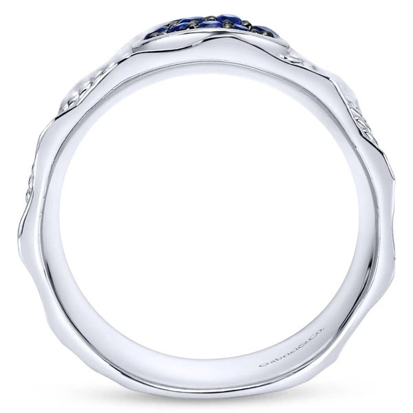 925 Sterling Silver Hammered Wide Band Sapphire Cluster Ring