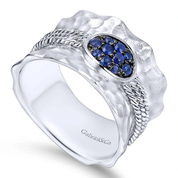 925 Sterling Silver Hammered Wide Band Sapphire Cluster Ring