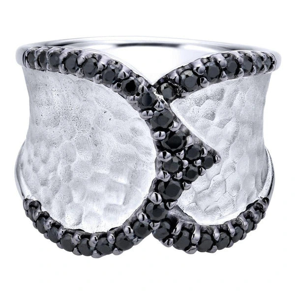 925 Sterling Silver Wide Band Black Spinel Ladies Ring