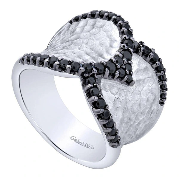 925 Sterling Silver Wide Band Black Spinel Ladies Ring