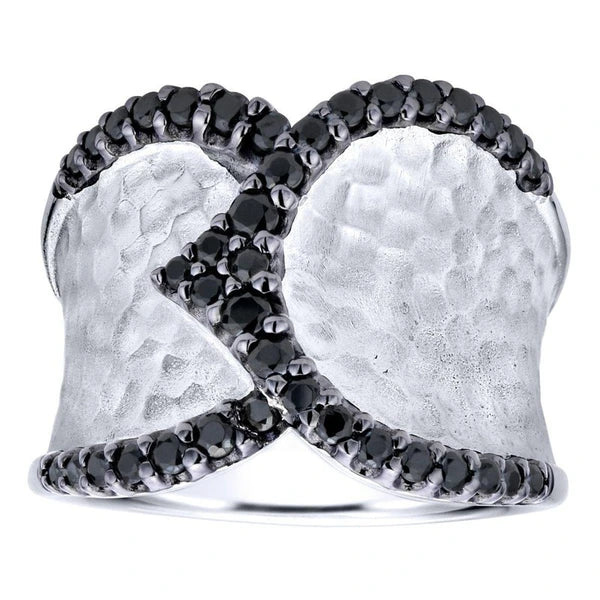 925 Sterling Silver Wide Band Black Spinel Ladies Ring
