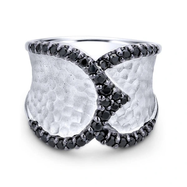 925 Sterling Silver Wide Band Black Spinel Ladies Ring