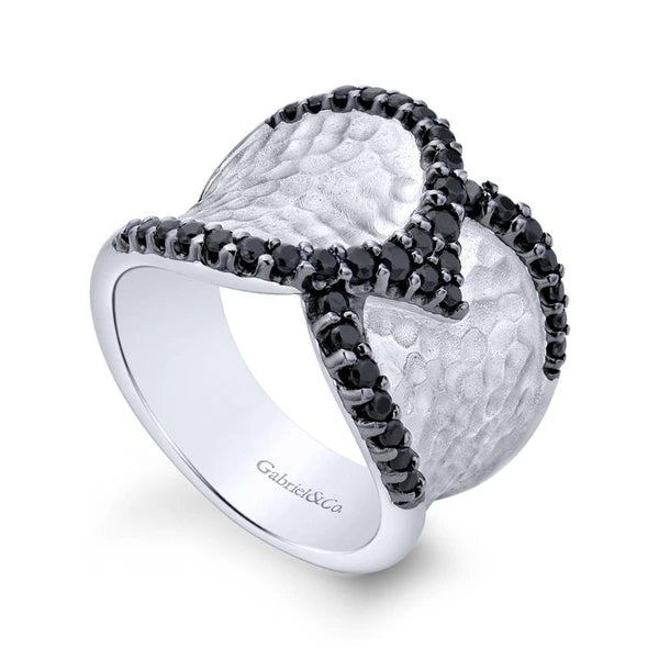 925 Sterling Silver Wide Band Black Spinel Ladies Ring