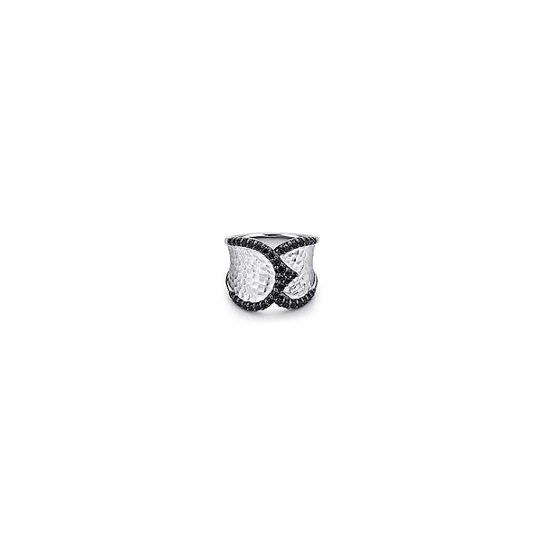 925 Sterling Silver Wide Band Black Spinel Ladies Ring