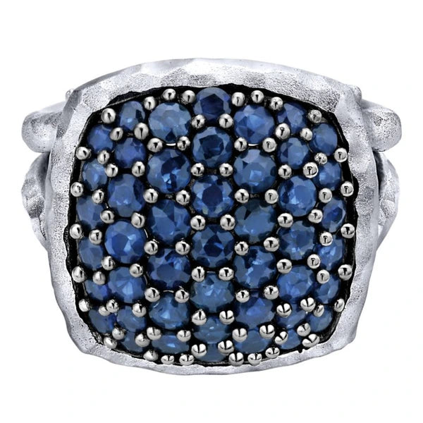925 Sterling Silver Hammered Split Shank Sapphire Pave Ladies Ring