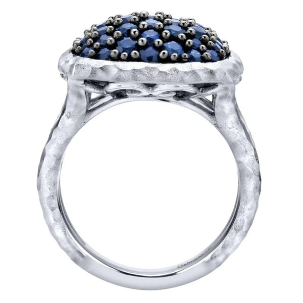 925 Sterling Silver Hammered Split Shank Sapphire Pave Ladies Ring