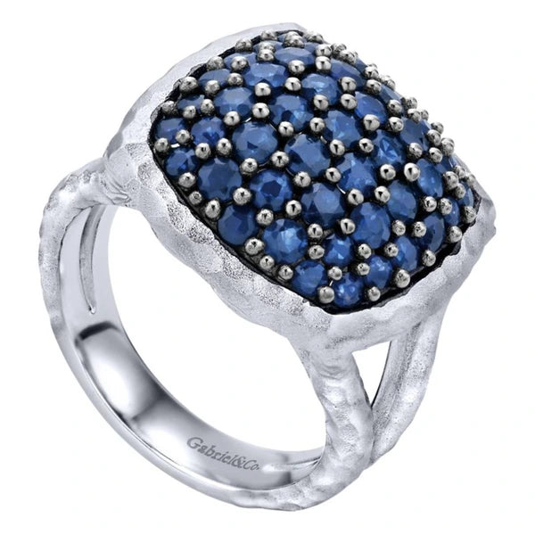925 Sterling Silver Hammered Split Shank Sapphire Pave Ladies Ring