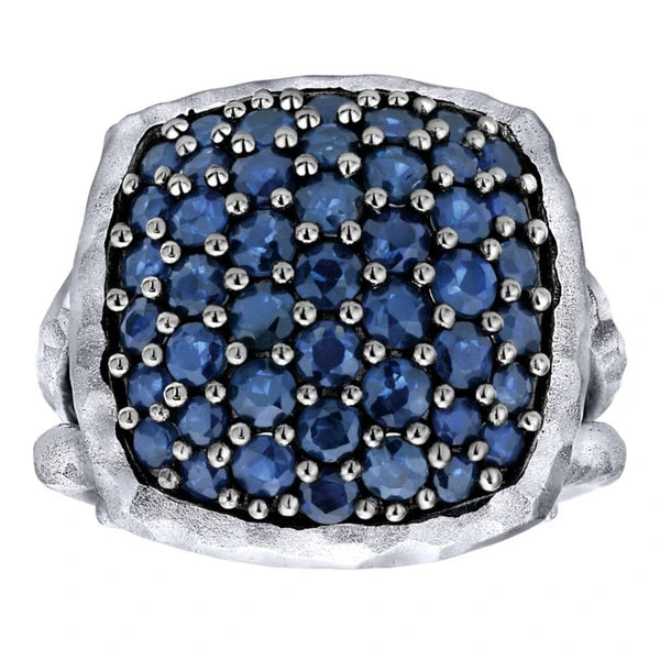 925 Sterling Silver Hammered Split Shank Sapphire Pave Ladies Ring