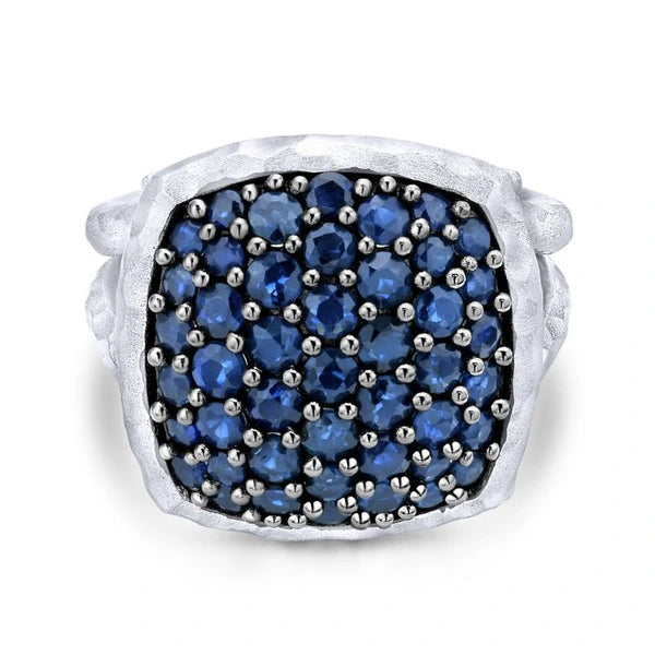 925 Sterling Silver Hammered Split Shank Sapphire Pave Ladies Ring