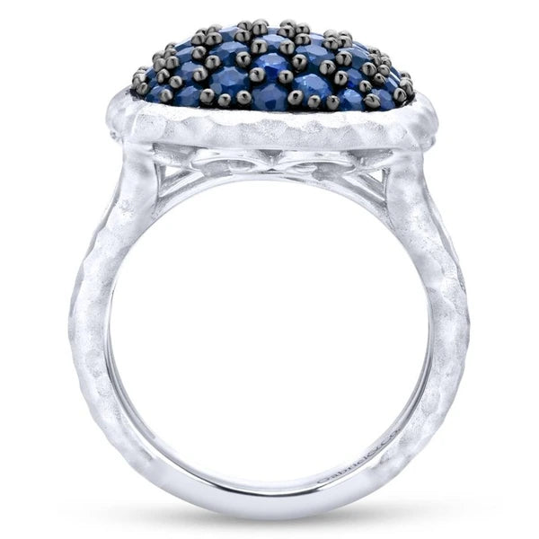 925 Sterling Silver Hammered Split Shank Sapphire Pave Ladies Ring