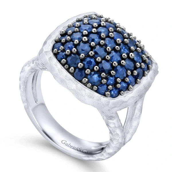 925 Sterling Silver Hammered Split Shank Sapphire Pave Ladies Ring