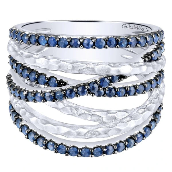 925 Sterling Silver Hammered Wide Band Sapphire Layered Ring