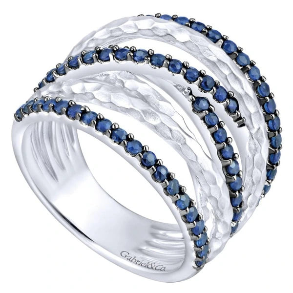 925 Sterling Silver Hammered Wide Band Sapphire Layered Ring