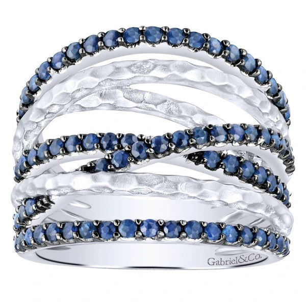 925 Sterling Silver Hammered Wide Band Sapphire Layered Ring