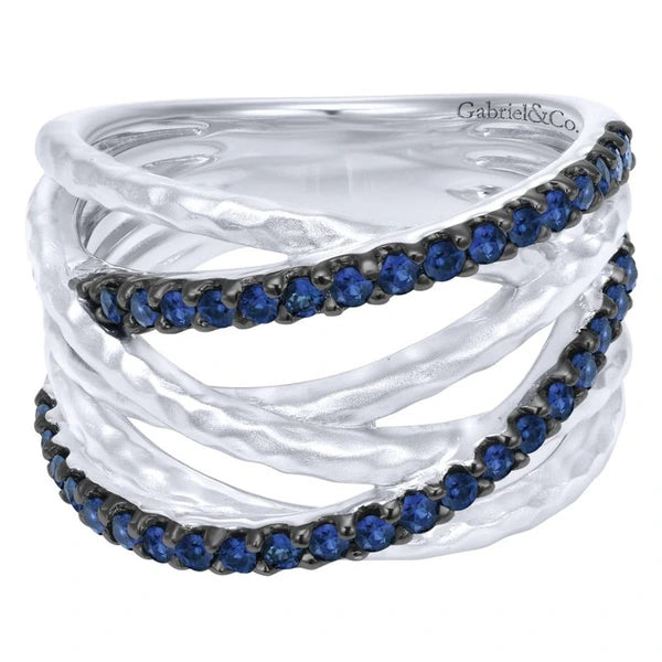 925 Sterling Silver Hammered Wide Band Layered Sapphire Ring