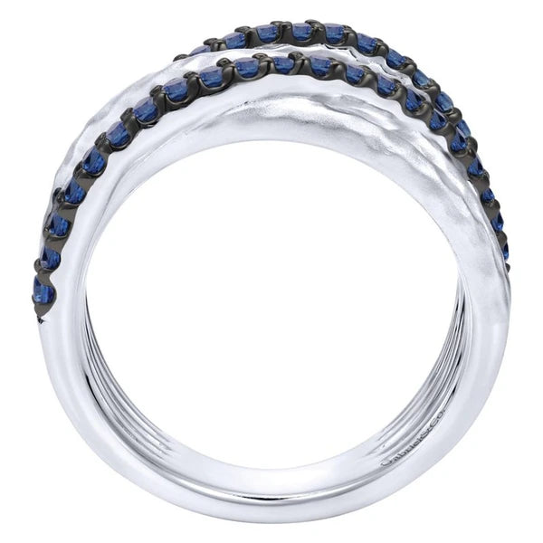 925 Sterling Silver Hammered Wide Band Layered Sapphire Ring
