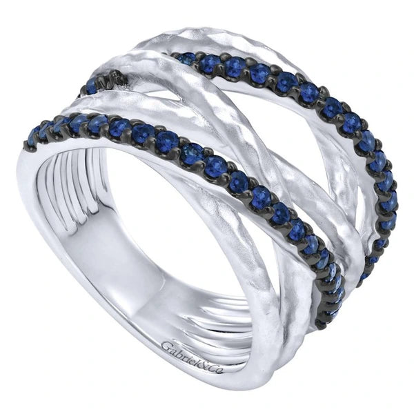 925 Sterling Silver Hammered Wide Band Layered Sapphire Ring