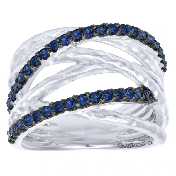 925 Sterling Silver Hammered Wide Band Layered Sapphire Ring
