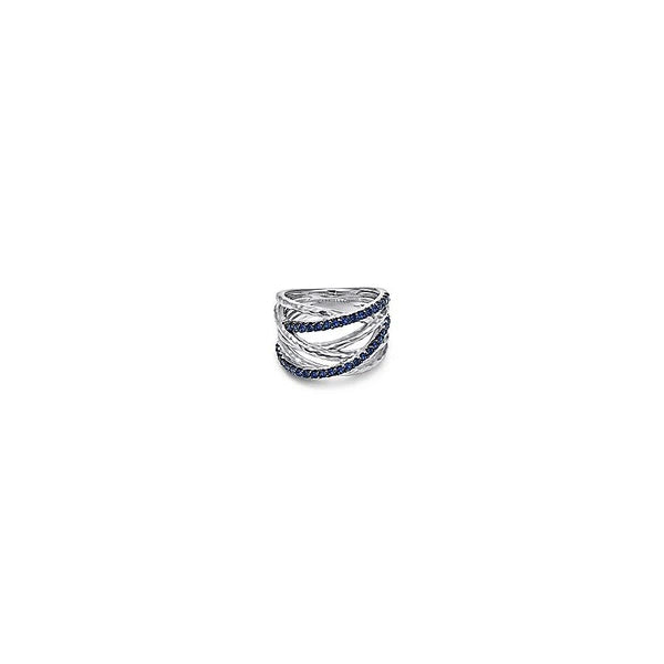 925 Sterling Silver Hammered Wide Band Layered Sapphire Ring