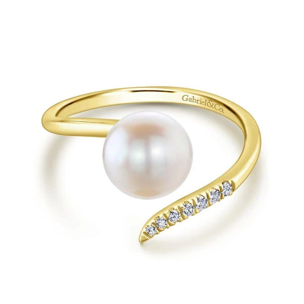 14K Yellow Gold Cultured Pearl and Diamond Open Wrap Ring