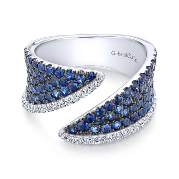 14k White Gold Sapphire & Diamond Open Wide Band Fashion Ring
