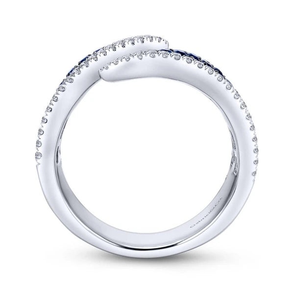 14k White Gold Sapphire & Diamond Open Wide Band Fashion Ring