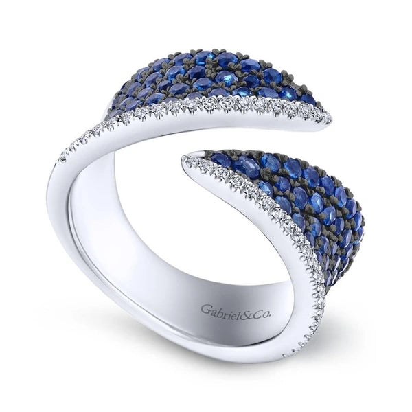 14k White Gold Sapphire & Diamond Open Wide Band Fashion Ring