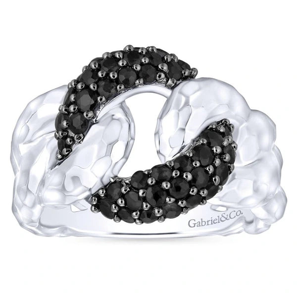 925 Sterling Silver Hammered Black Spinel Chain Link Ring