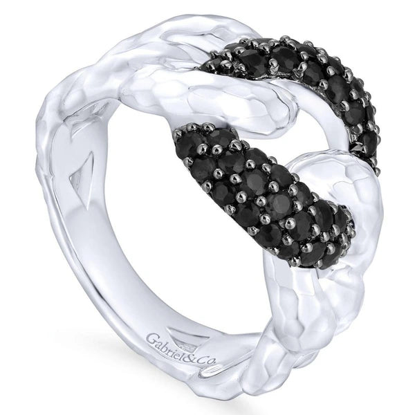 925 Sterling Silver Hammered Black Spinel Chain Link Ring