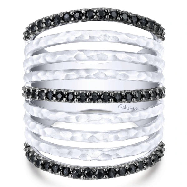 925 Sterling Silver Hammered Black Spinel Layered Wide Band Ring