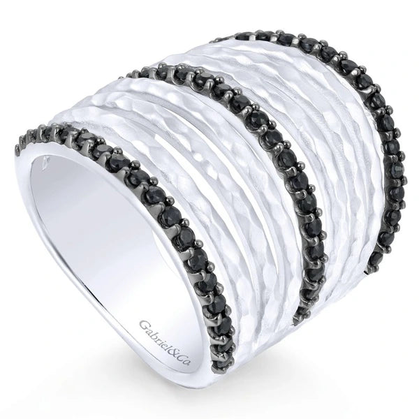 925 Sterling Silver Hammered Black Spinel Layered Wide Band Ring