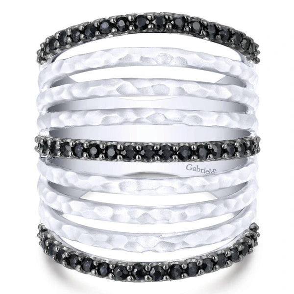 925 Sterling Silver Hammered Black Spinel Layered Wide Band Ring