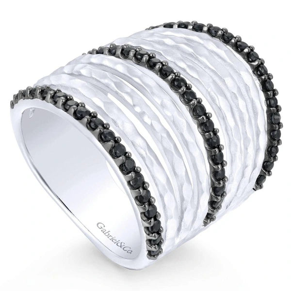 925 Sterling Silver Hammered Black Spinel Layered Wide Band Ring