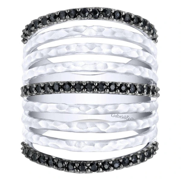 925 Sterling Silver Hammered Black Spinel Layered Wide Band Ring