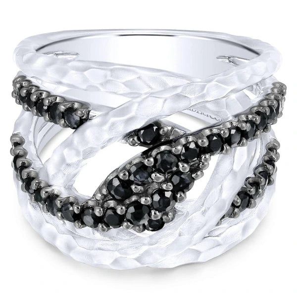 925 Sterling Silver Hammered Twisted Black Spinel Ring