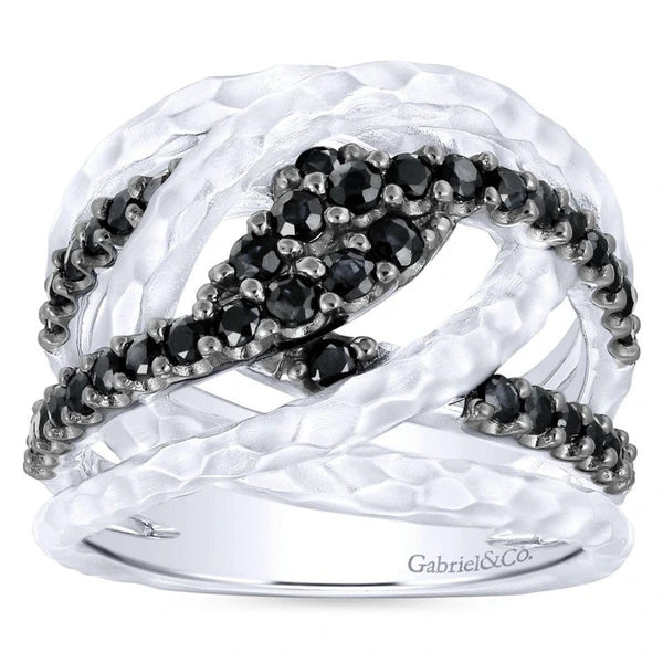 925 Sterling Silver Hammered Twisted Black Spinel Ring