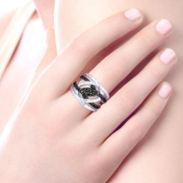 925 Sterling Silver Hammered Twisted Black Spinel Ring