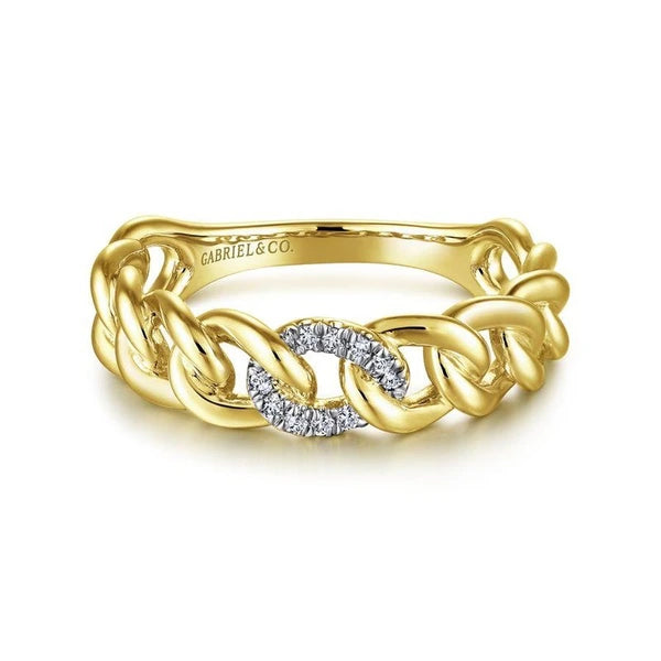14K Yellow Gold Chain Link Ring Band with e Diamond Station