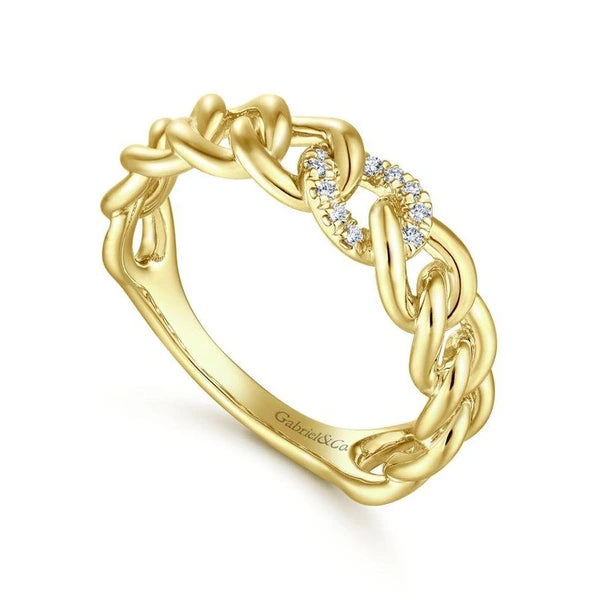 14K Yellow Gold Chain Link Ring Band with e Diamond Station