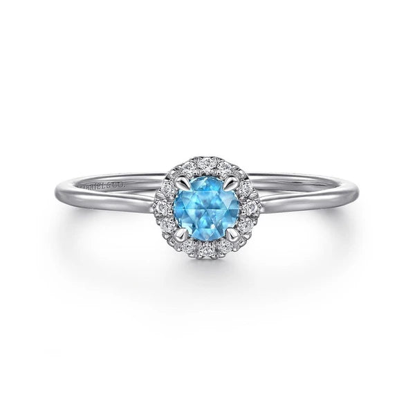 14K White Gold Blue Topaz and Diamond Halo Promise Ring