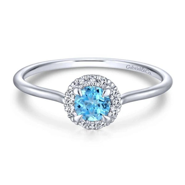 14K White Gold Blue Topaz and Diamond Halo Promise Ring