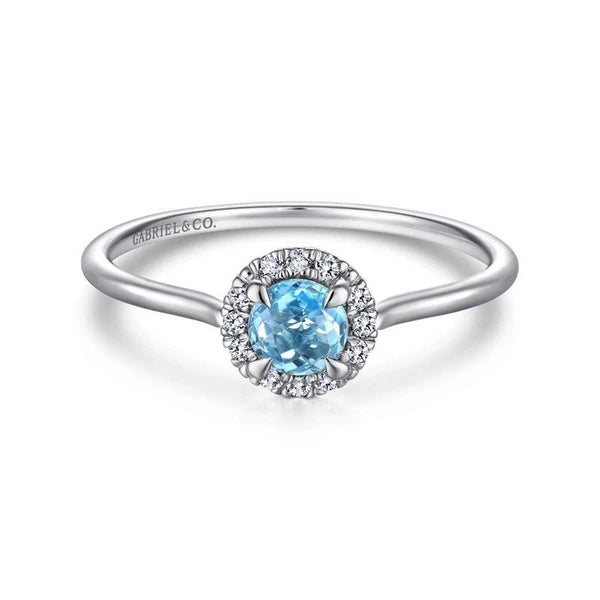 14K White Gold Blue Topaz and Diamond Halo Promise Ring