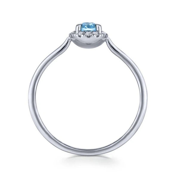14K White Gold Blue Topaz and Diamond Halo Promise Ring
