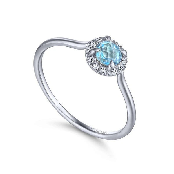 14K White Gold Blue Topaz and Diamond Halo Promise Ring