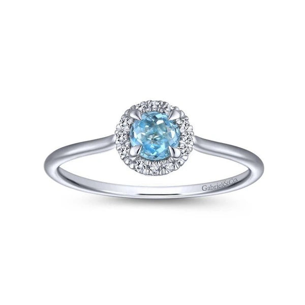 14K White Gold Blue Topaz and Diamond Halo Promise Ring
