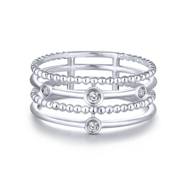14K White Gold Bezel Set Diamond Station Layered Ring